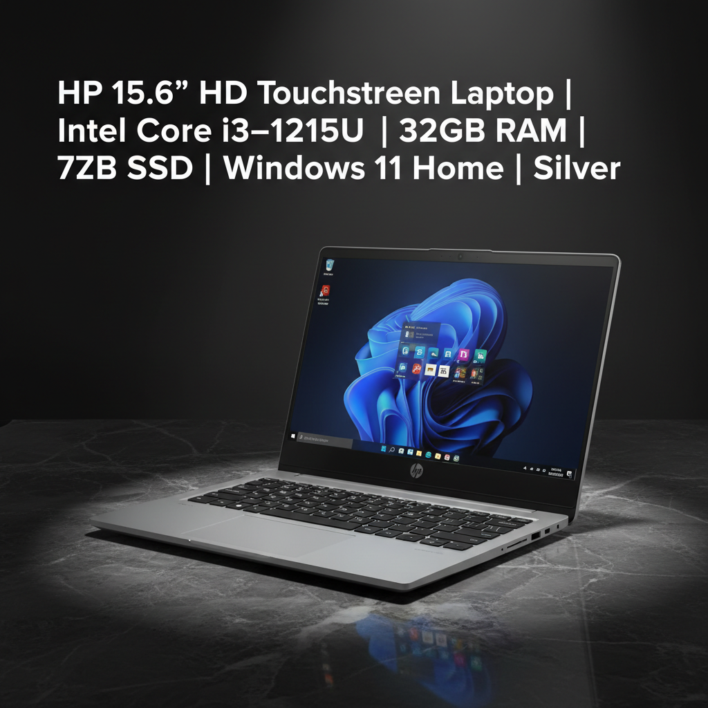 HP 15.6 inch touchscreen laptop on dark marble surface