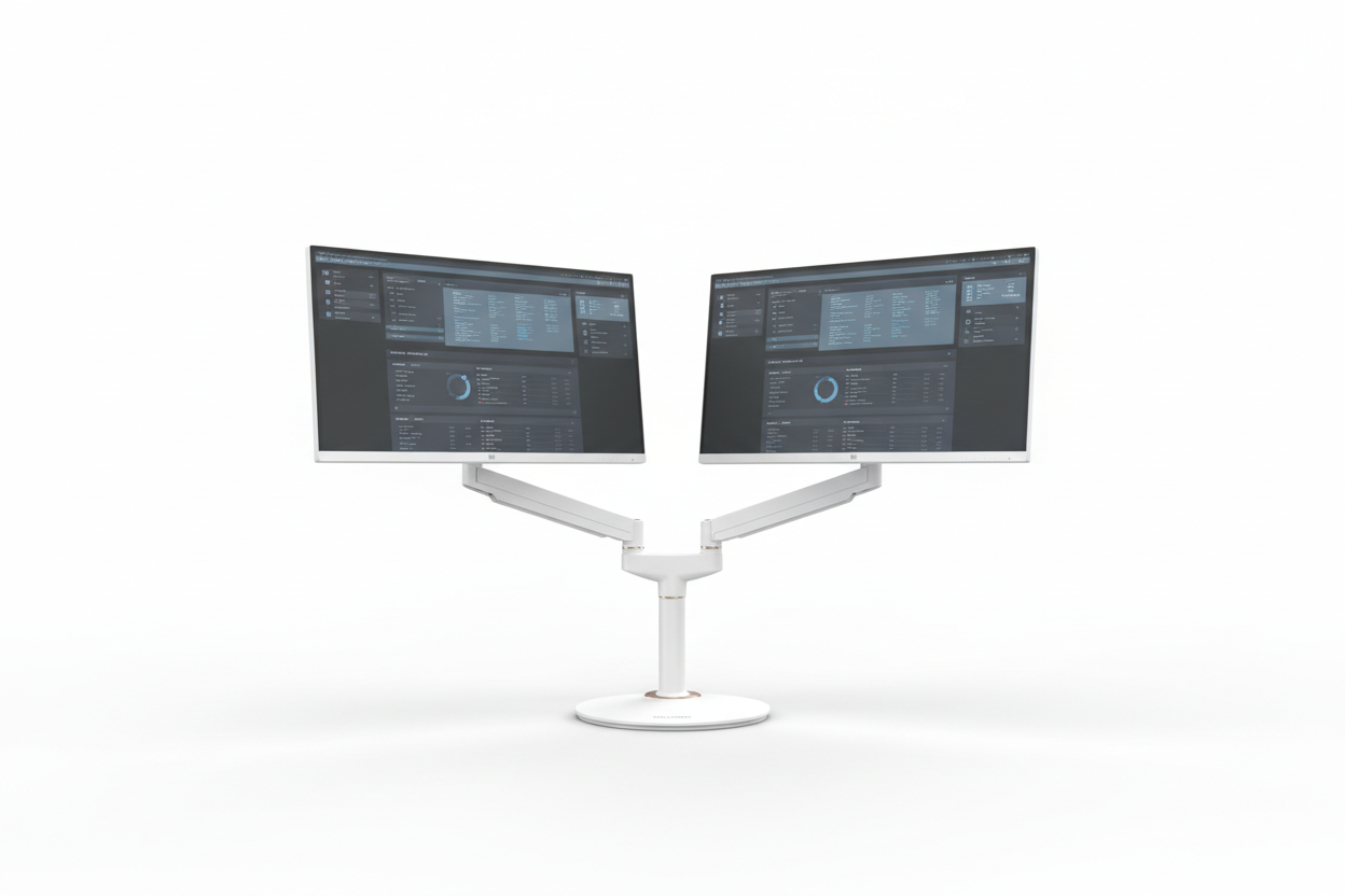 HILLPORT white dual monitor arm stand product shot