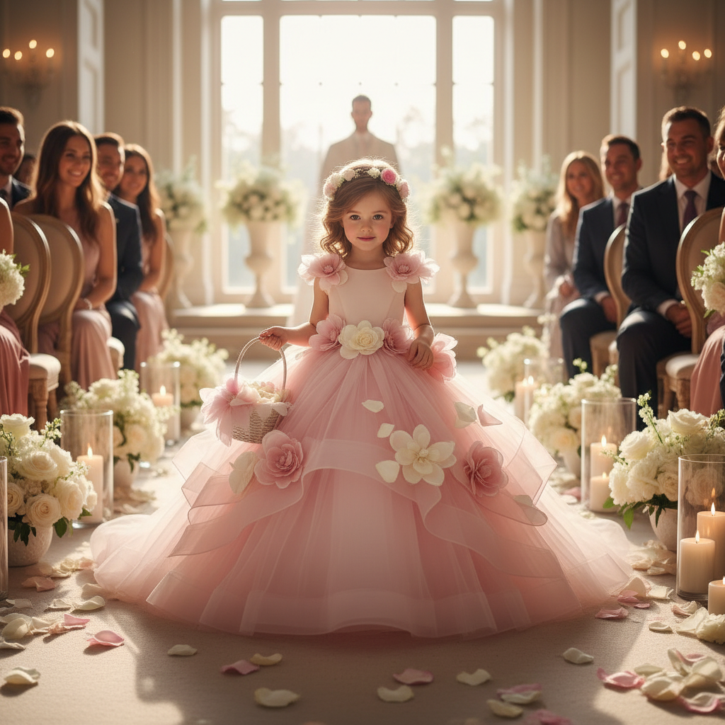 Flower girl in pink princess ball gown walking down wedding aisle