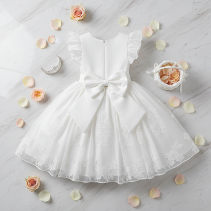 Flat lay of white flower girl ball gown on marble surface with rose petals