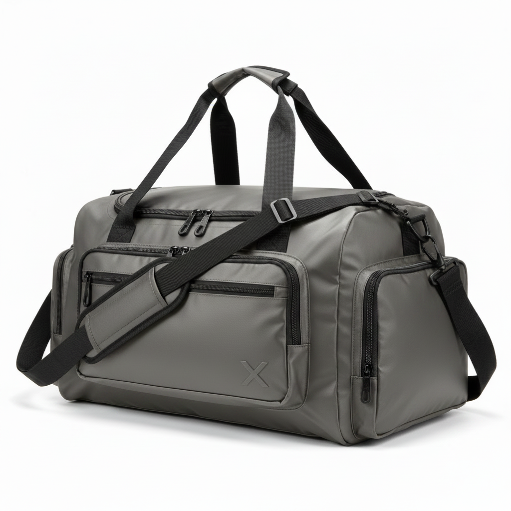 Gray duffel bag
