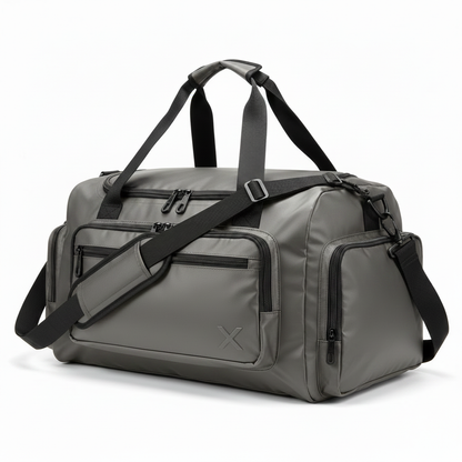 Gray duffel bag