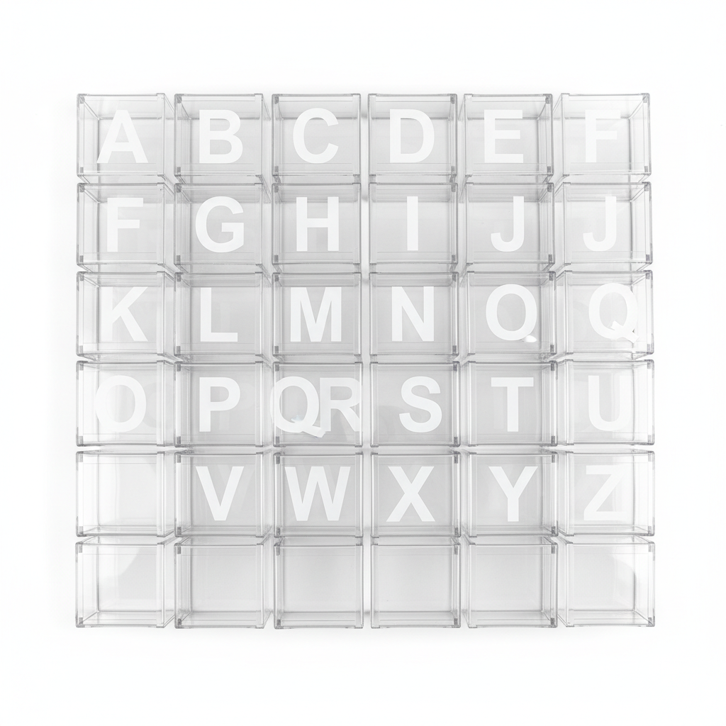Flat lay of full A to Z transparent letter box collection on white background