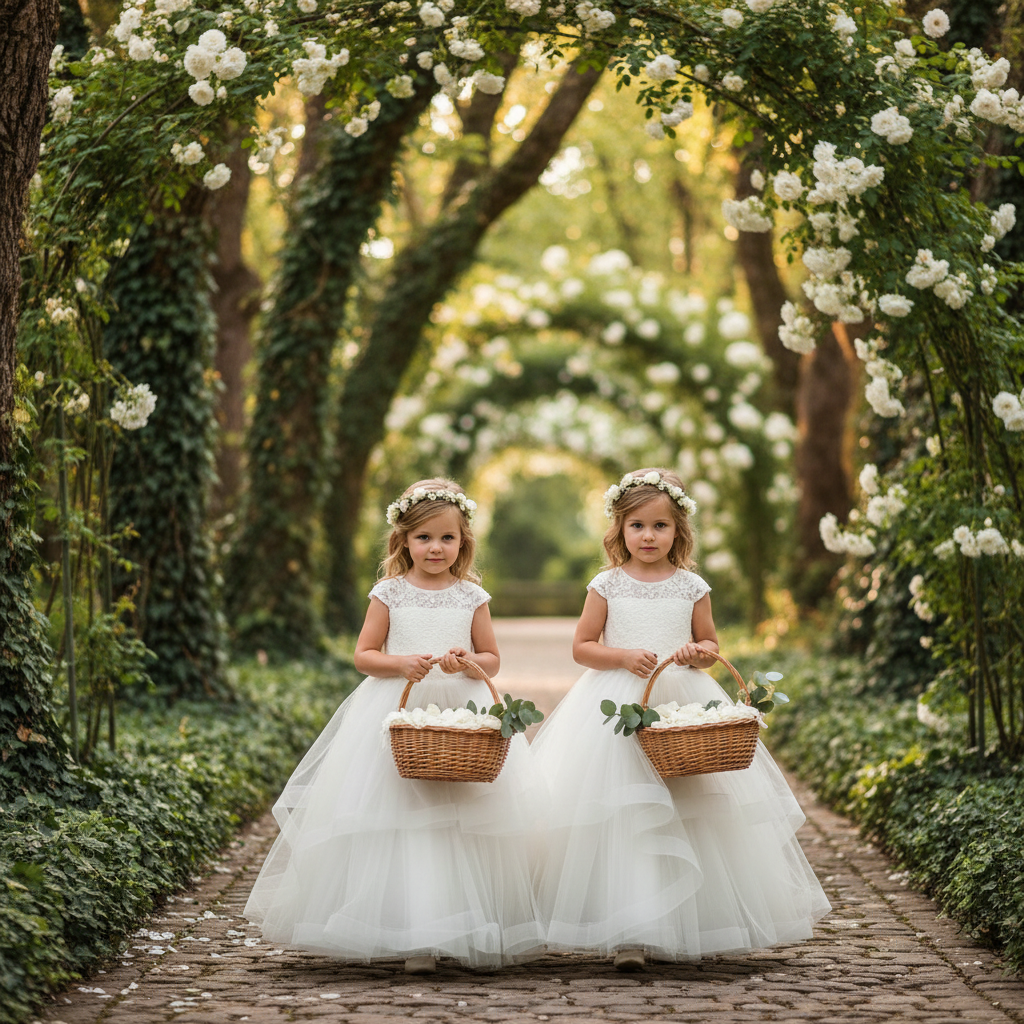 Two flower girls in matching white ball gowns at garden wedding