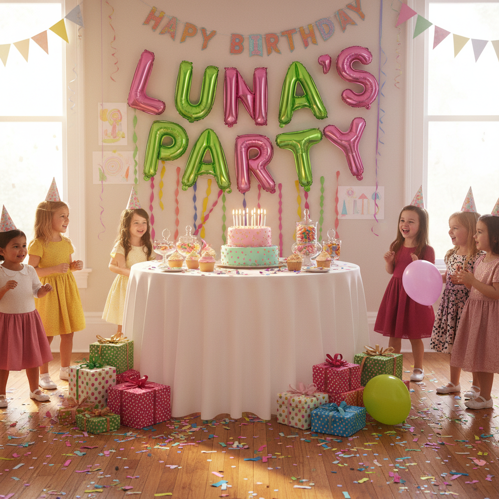 Pink and green foil letter balloons at children's birthday party with cake