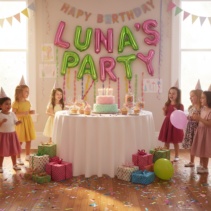 Pink and green foil letter balloons at children's birthday party with cake