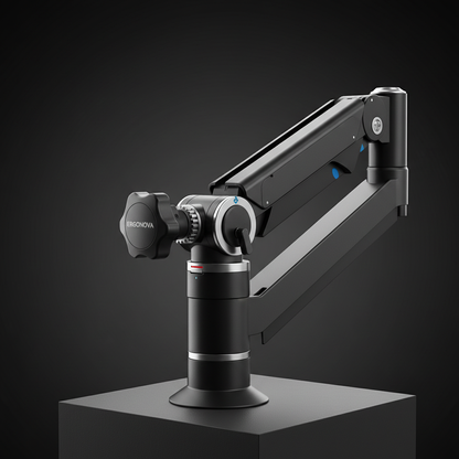 Monitor arm joint close-up showing tilt and swivel mechanism