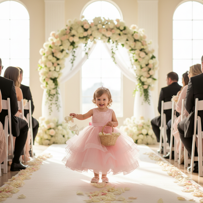 Little flower girl in pink princess dress walking down wedding aisle