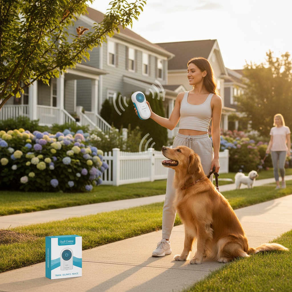 Person holding an ultrasonic dog bark repeller device outdoors near a barking dog