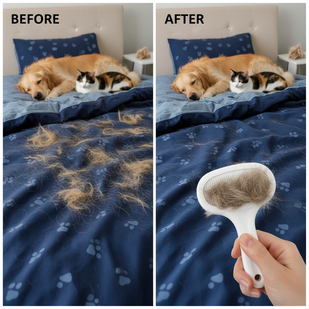 Before and after pet hair on bedding