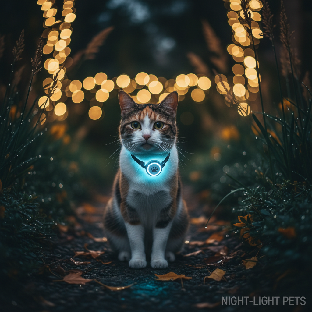 Cat wearing a glowing LED luminous collar pendant at night in a garden