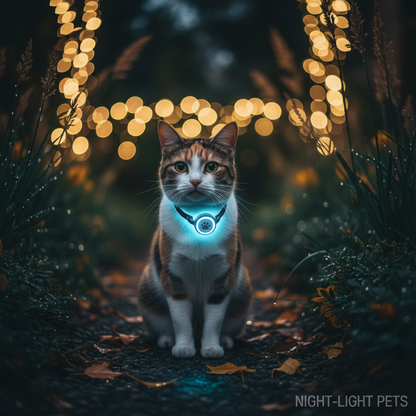 Cat wearing a glowing LED luminous collar pendant at night in a garden