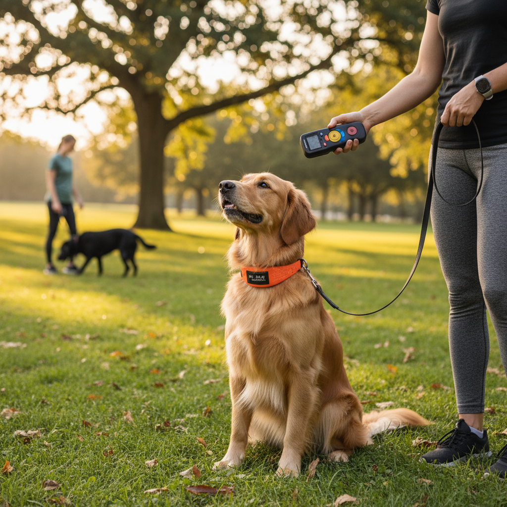 Dog wearing a waterproof training collar with remote control held by owner in a park