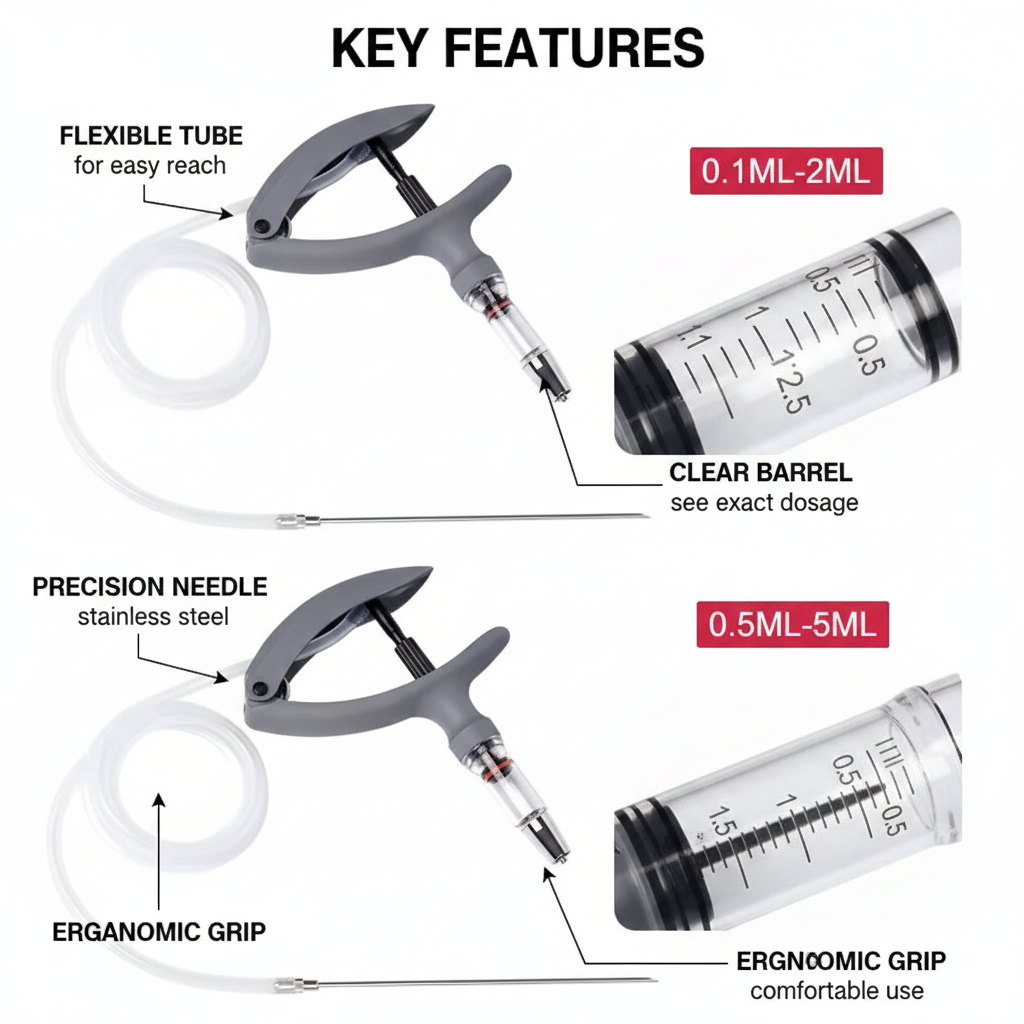 Veterinary Continuous Syringe Gun – Adjustable Dose Animal Injector with 10 Needles