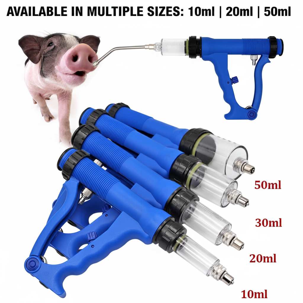 Veterinary Continuous Syringe Gun – Adjustable Dose Animal Injector with 10 Needles