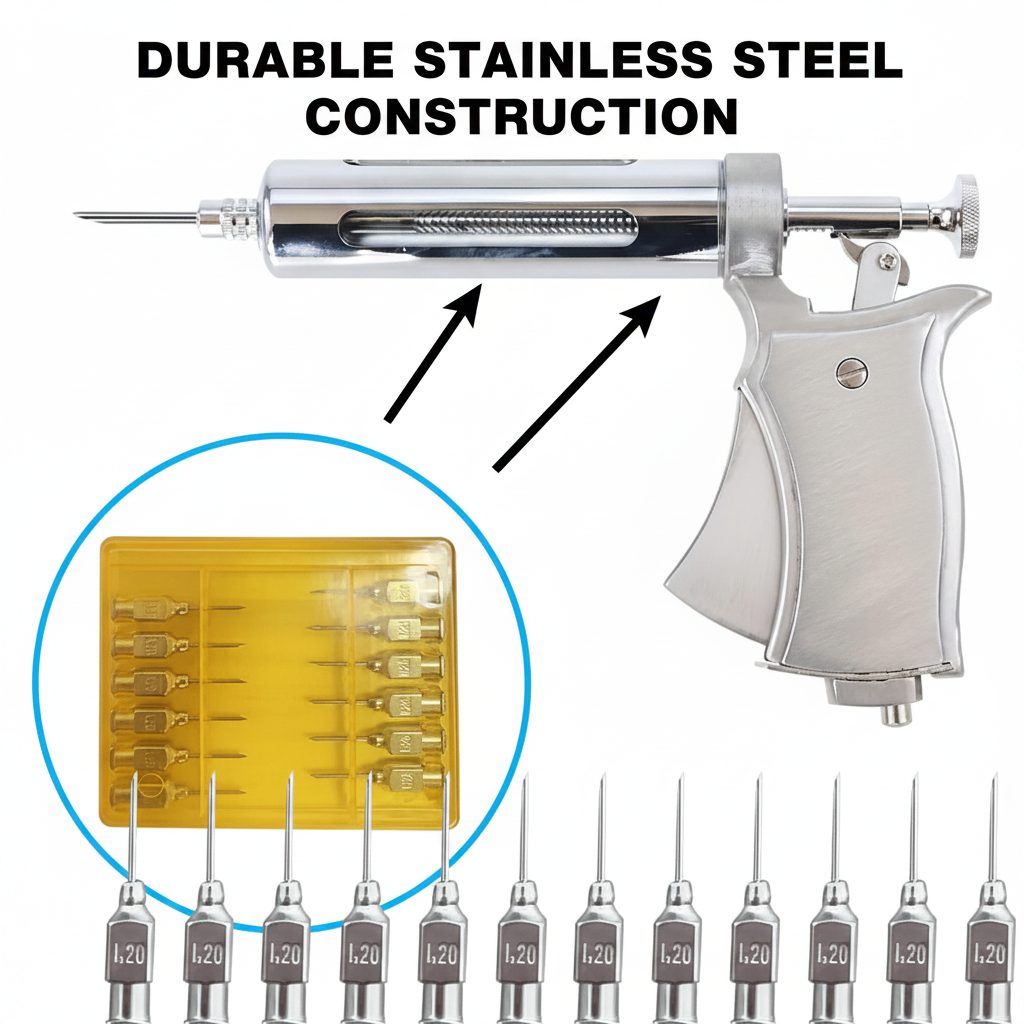 Veterinary Continuous Syringe Gun – Adjustable Dose Animal Injector with 10 Needles